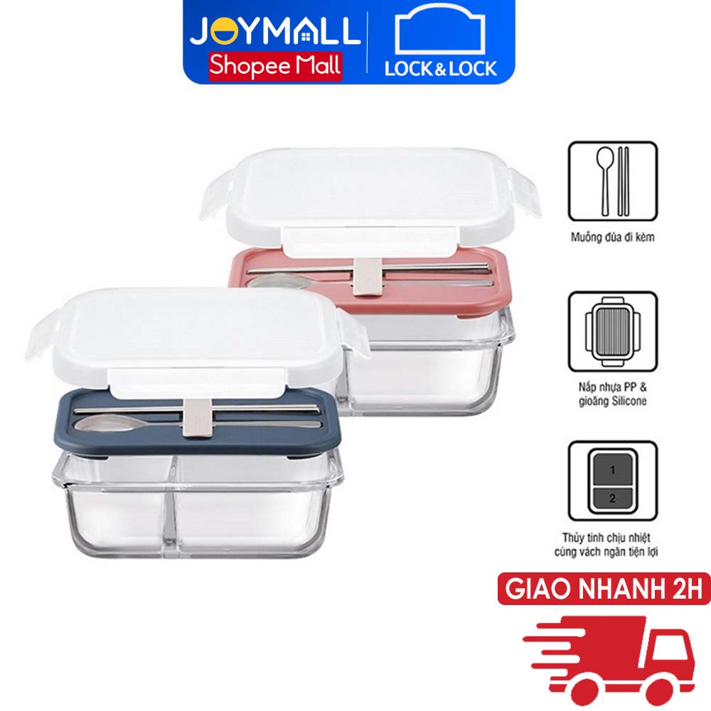 Hộp cơm thủy tinh chia ngăn kèm muỗng đũa LocknLock LLG991CL 930ml - Hàng Chính Hãng - JoyMall