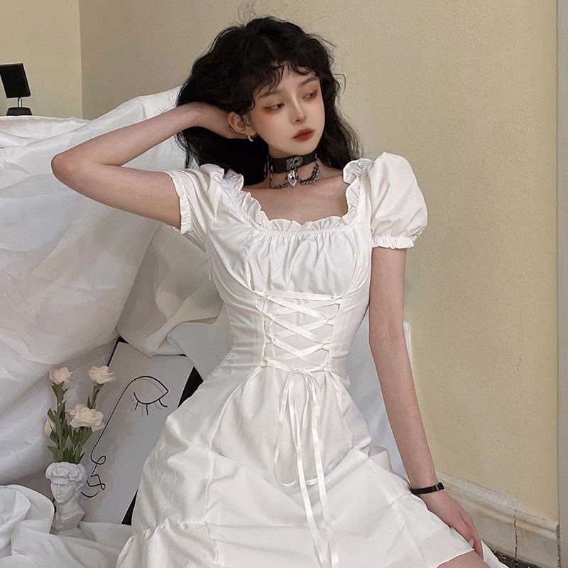 Váy trắng Đầm tay ngắn phong cách Pháp thời trang hè thanh lịch cho nữ