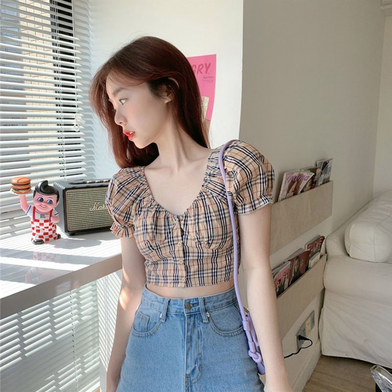 Áo Sơ Mi Tay Ngắn Phối Nút Kẻ Sọc Kiểu Retro Pháp Xinh Xắn Cho Nữ