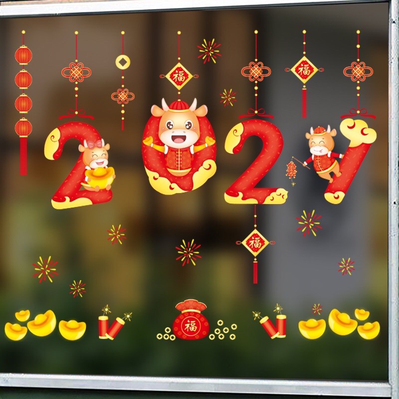 Decal trang trí Tết Hít Tĩnh Điện - 2021 Trâu vàng chào xuân