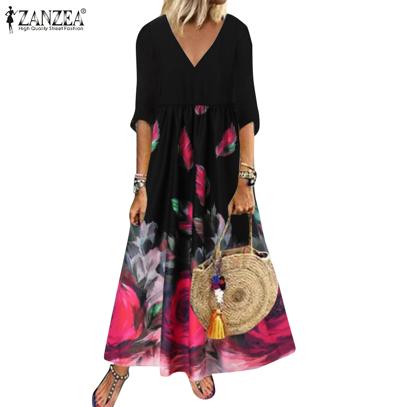 ZANZEA Women Vintage V Neck Floral Printed Three Quarter Sleeve Maxi Dress