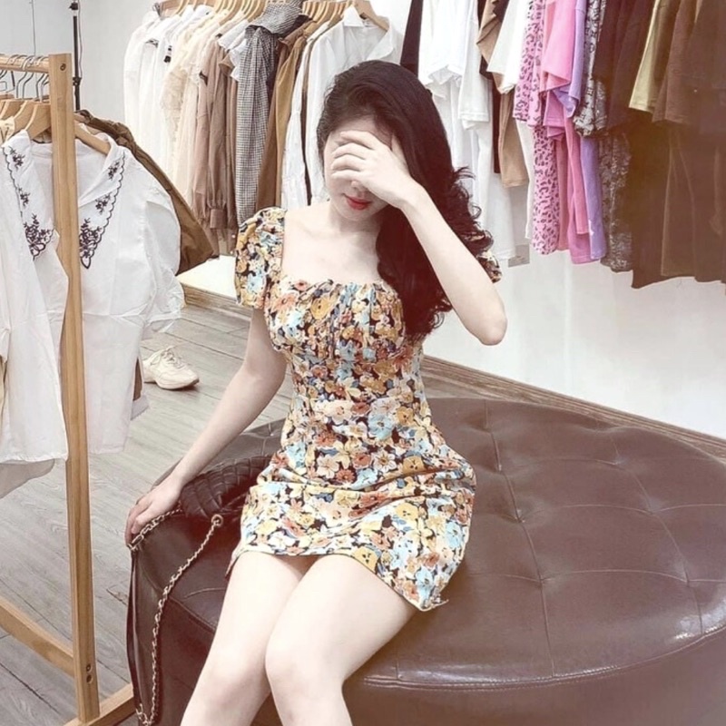 Váy body trễ vai, đầm body trễ vai chít eo thon sexy hoạ tiết hoa nhí