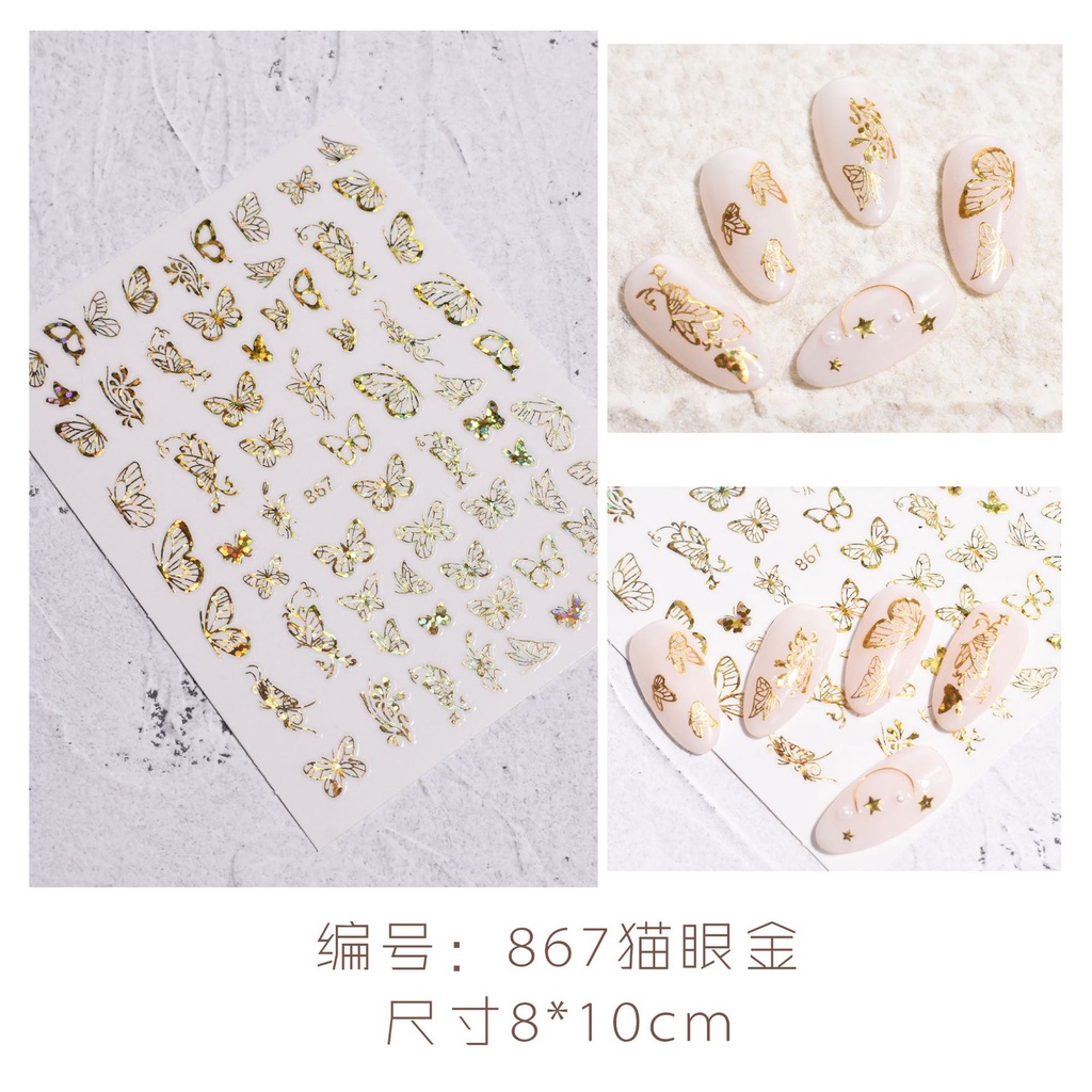 Miếng sticker trang trí móng tay nghệ thuật 3D màu vàng/ bạc họa tiết mắt mèo