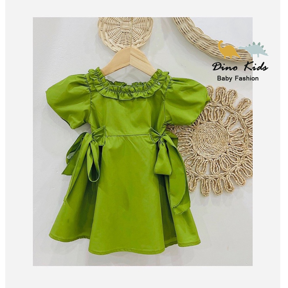 Váy xòe bé gái màu xanh bơ, váy tiểu thư cổ bèo nhún màu xanh đính nơ 2 bên eo cho bé gái