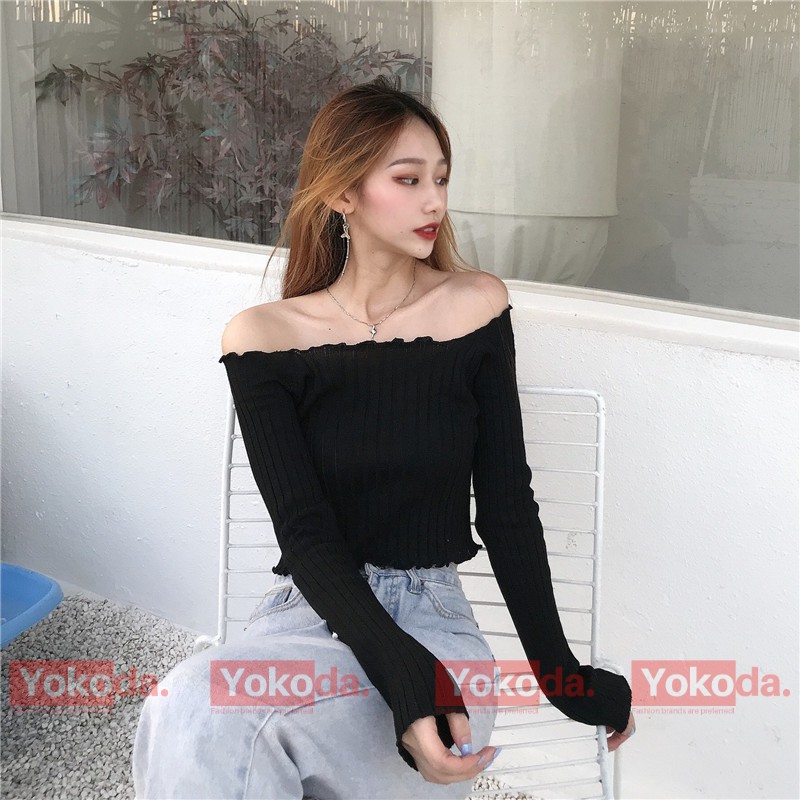 [XẢ] Áo Croptop Tay Dài Cổ Vuông Hot Thu Đông Năm✅Áo Croptop Len Trễ Vai Dài Tay Sexy - QA36