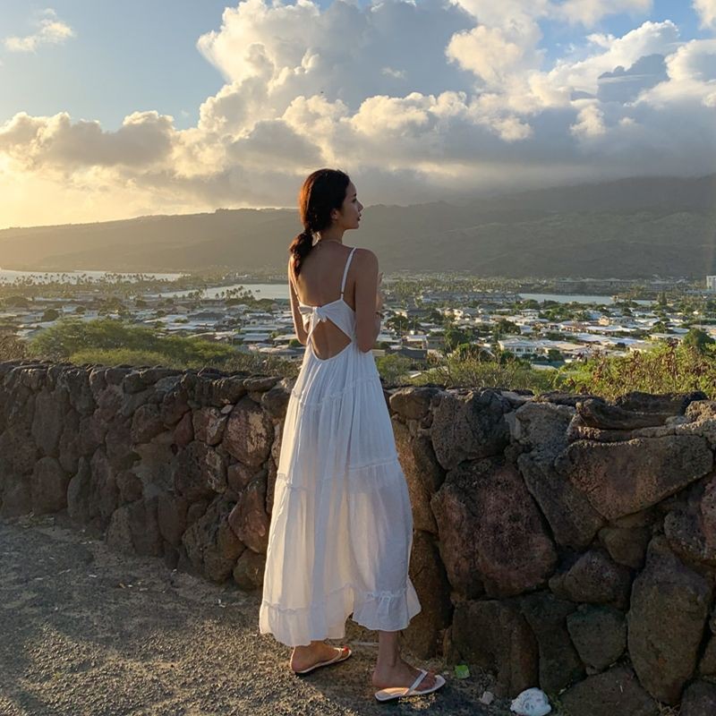 Sẵn - Đầm maxi 2 dây trắng đi biển, chụp hình cưới