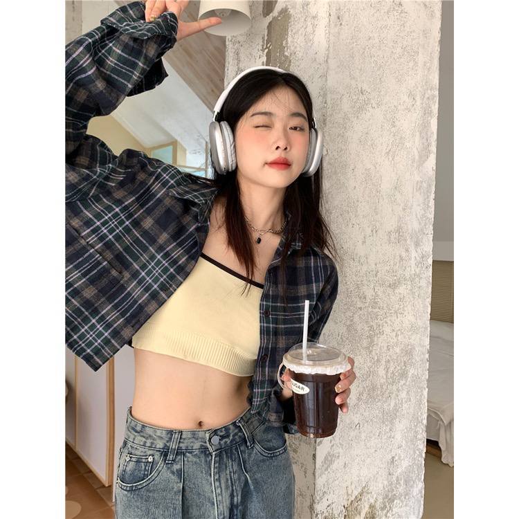 Xiaozhainv Sơ mi dài tay kẻ caro dáng croptop dành cho nữ phòng cách retro