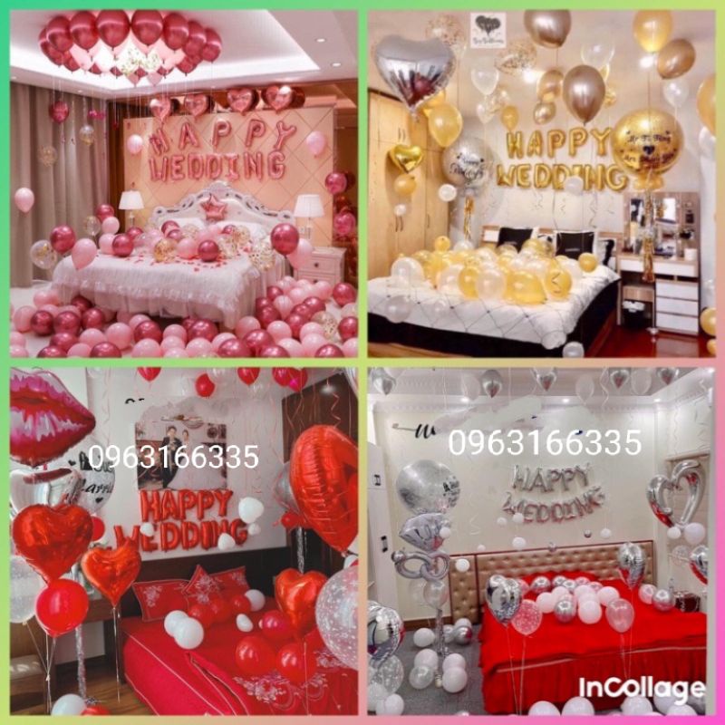 (freeship) [Tặng 100 Cánh Hoa Hồng] Sét Bóng Happy Wedding Trang Trí Phòng Cưới Tông Đỏ Trắng [ KHUYẾN + MẠI]/ lì xì tra