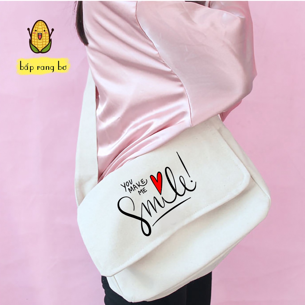 TÚI VẢI ĐEO CHÉO SMILE HAPPY CÓ TÚI CON ĐỂ SÁCH A4 TOTE CANVAS ĐI HỌC ĐI CHƠI