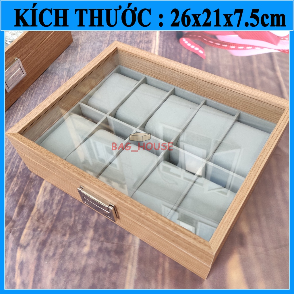 Hộp trưng bày 10 chiếc đồng hồ, hộp gỗ cao cấp đựng 10 đồng hồ màu nâu sang trọng