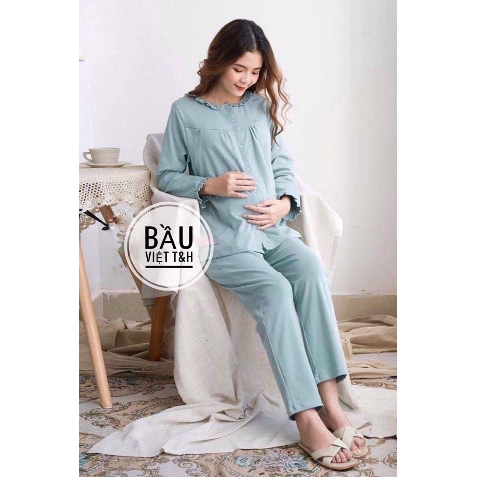 Bộ đồ bầu sau sinh mặc nhà Hàn Quốc, chất cotton, thoáng mát, tiện cho mẹ ty, size to