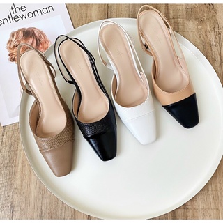 Giày cao gót nữ slingback bít mũi gót nhọn 6cm khuyết eo chất da vân