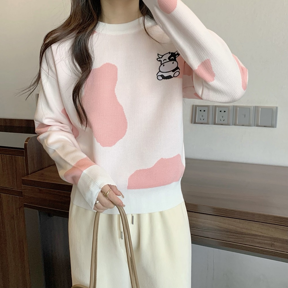 Áo len ZHELIHANGFEI tay dài dáng rộng họa tiết thêu dễ thương theo phong cách Preppy cho nữ