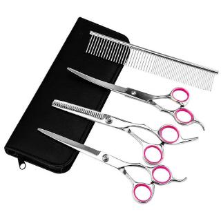 4in1 Kéo vật nuôi chuyên nghiệp cho chó chải chuốt Kéo thẳng tỉa thưa với lược Túi mèo Cắt tóc