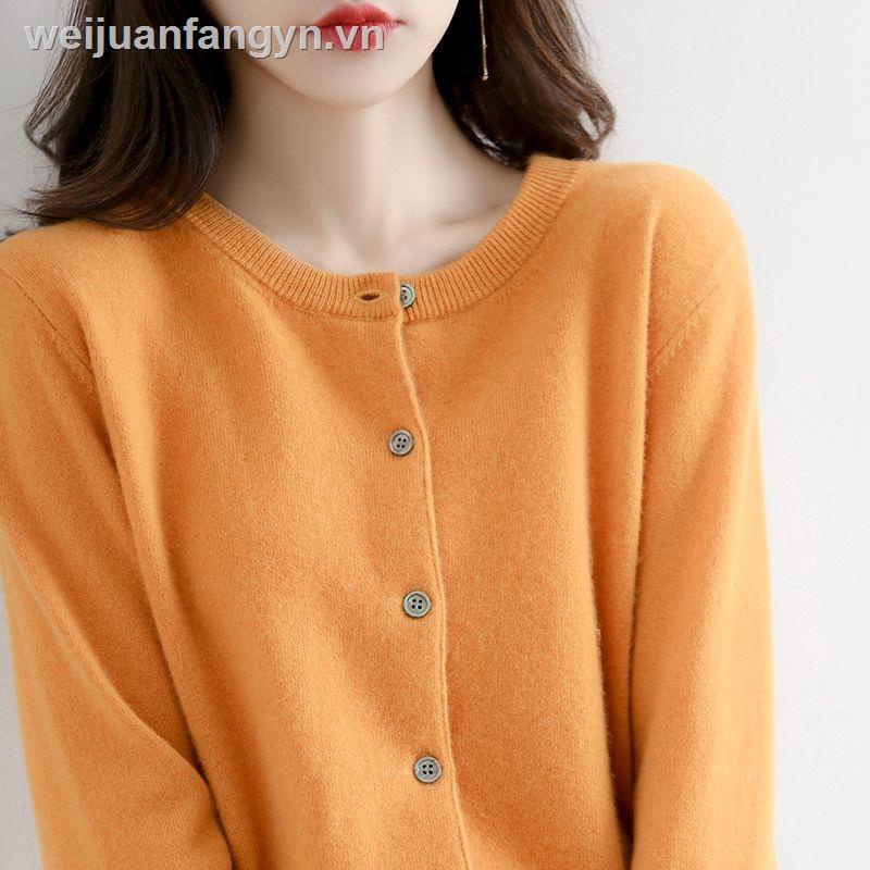Áo Cardigan Dệt Kim Tay Dài Cổ Tròn Dáng Rộng Thoáng Khí Màu Trơn Thời Trang