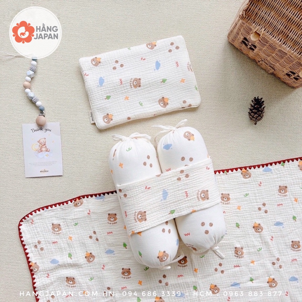 Full set 7 món vải xô Muslin chần bông họa tiết  MOCHEE cao cấp, mềm mại, mỏng nhẹ và ko bị nóng bí lưng cho bé