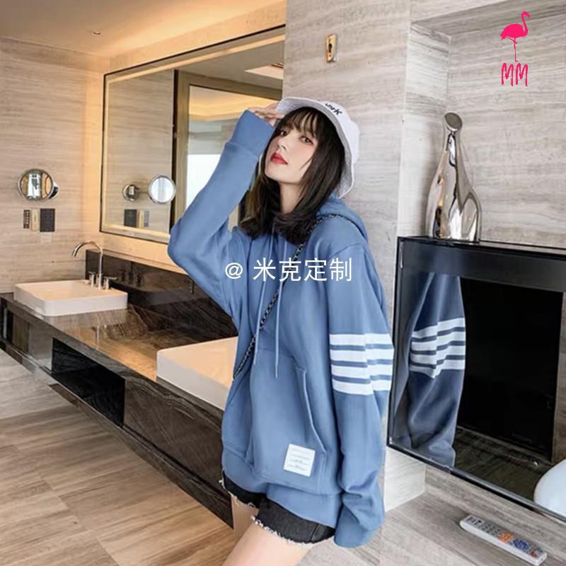 Áo Hoodie Cotton Tay Dài Dáng Rộng Kẻ Sọc Ngang Trẻ Trung Năng Động Cho Bạn Gái