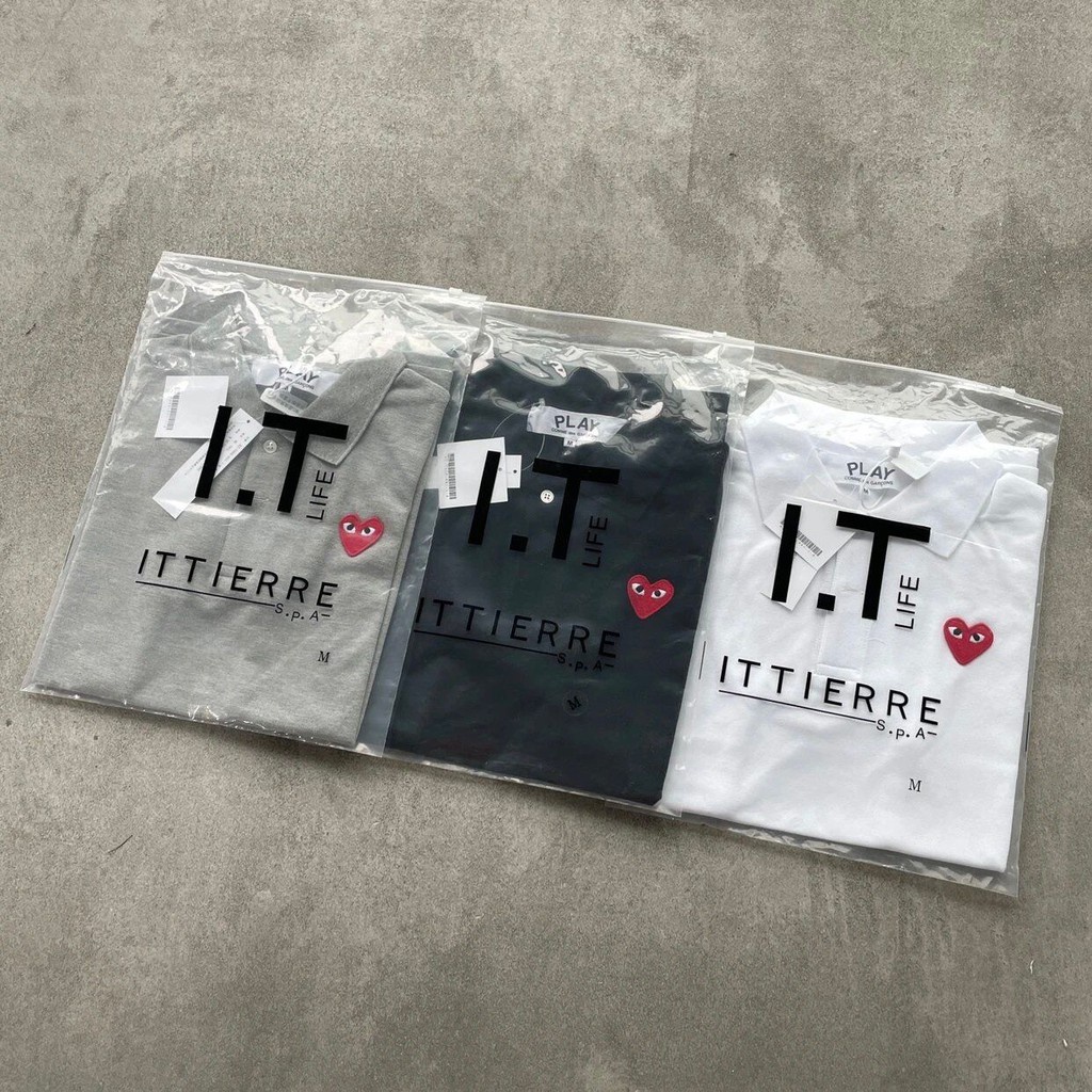 Play CDG Áo Thun POLO Ngắn Tay Thêu Hình Trái Tim Phong Cách Cổ Điển