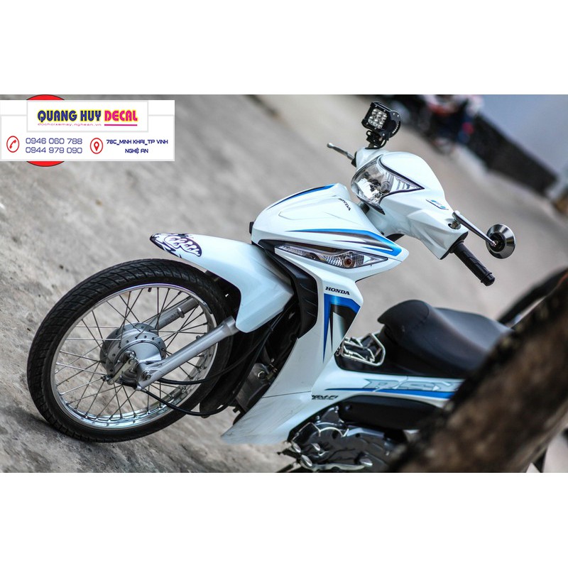 Tem trùm wave rsx trắng chỉ xanh, độ phủ bộ team decal cho xe máy rẻ đẹp