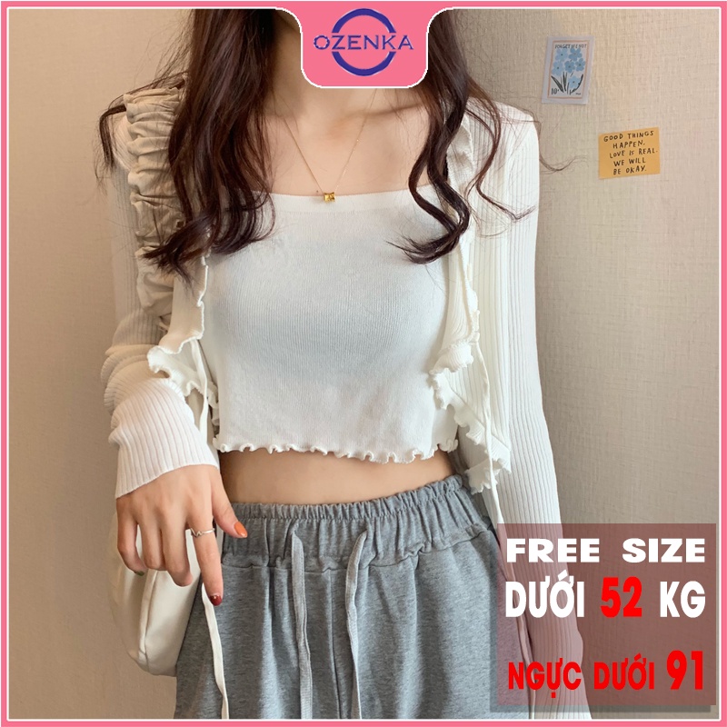 Áo cardigan croptop tay dài nữ OZENKA , áo khoác crt ôm body len gân 100% cotton thân 2 lớp màu đen trắng bánh bèo