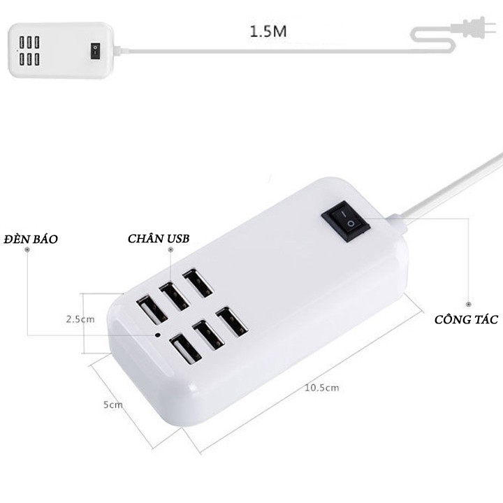 Bộ sạc nhanh 6 cổng USB 30W–Bộ chia cổng sạc để bàn hình trụ / hình hộp–Sạc nhanh nhiều thiết bị cùng lúc–Cổng sạc 6A