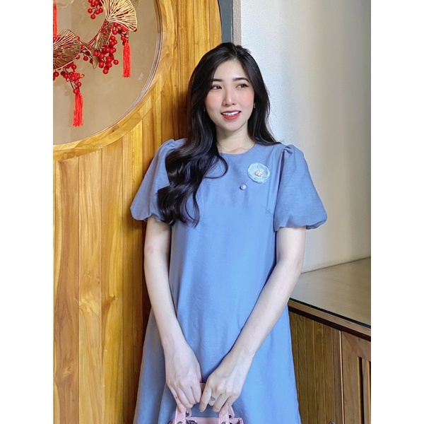 Đầm bầu dáng suông tay lụa bo phồng Stella Dress