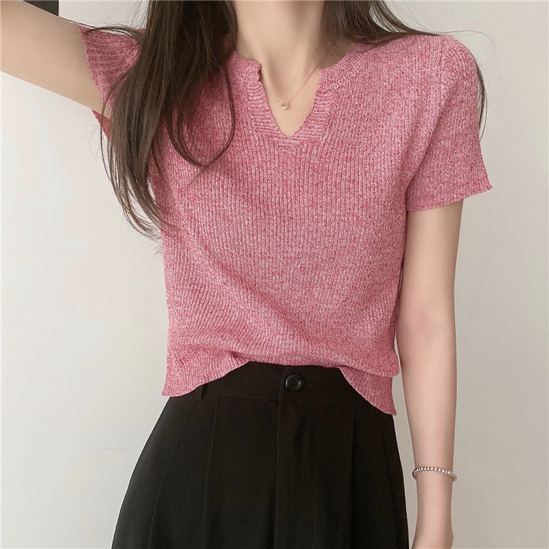 Áo Croptop Dệt Kim Tay Ngắn Cổ Chữ V Thời Trang Mùa Hè Phong Cách Hàn Quốc Cho Nữ