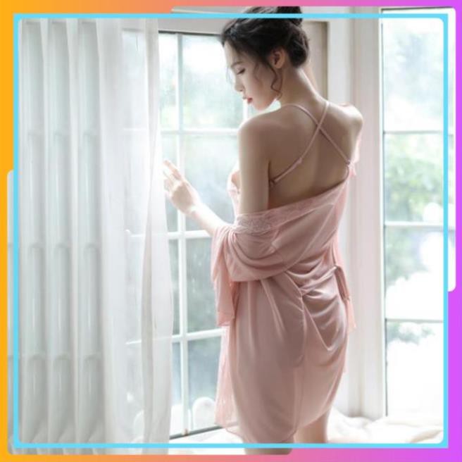 Bộ đồ ngủ áo choàng kèm váy ngủ 2 DÂY voan thun co giãn cao cấp, đầm ngủ mềm mại sang chảnh kimono nhật bản