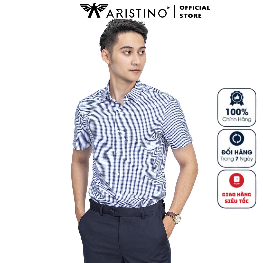 Áo Sơ Mi Nam Ngắn Tay ARISTINO ASS010S9 Somi Công Sở Cao Cấp Màu Trắng Caro Xanh Dáng Suông Tà Bằng Có Túi Vải Sợi Tre