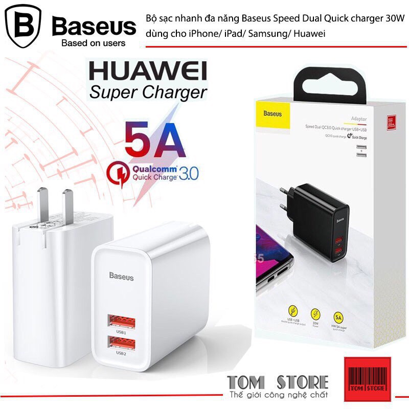 Cốc sạc nhanh đa năng Baseus Speed Dual Quick charger 30W dùng cho iPhone/ iPad/ Ss/ Huawei (2 Port, Dual USB QC3.0)