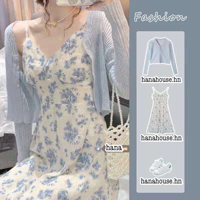 🔥 Set Váy Hai Dây Ren Hoa Xanh + Áo Khoác Cardigan Mỏng Cùng Màu Phong Cách Hàn Quốc S04