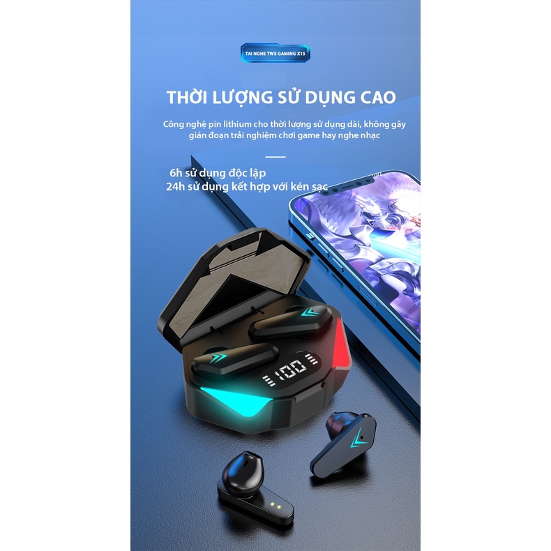 Tai nghe Bluetooth Gaming Không dây X15S TWS công nghệ Bluetooth 5.0 cảm biến chạm, không có độ trễ âm