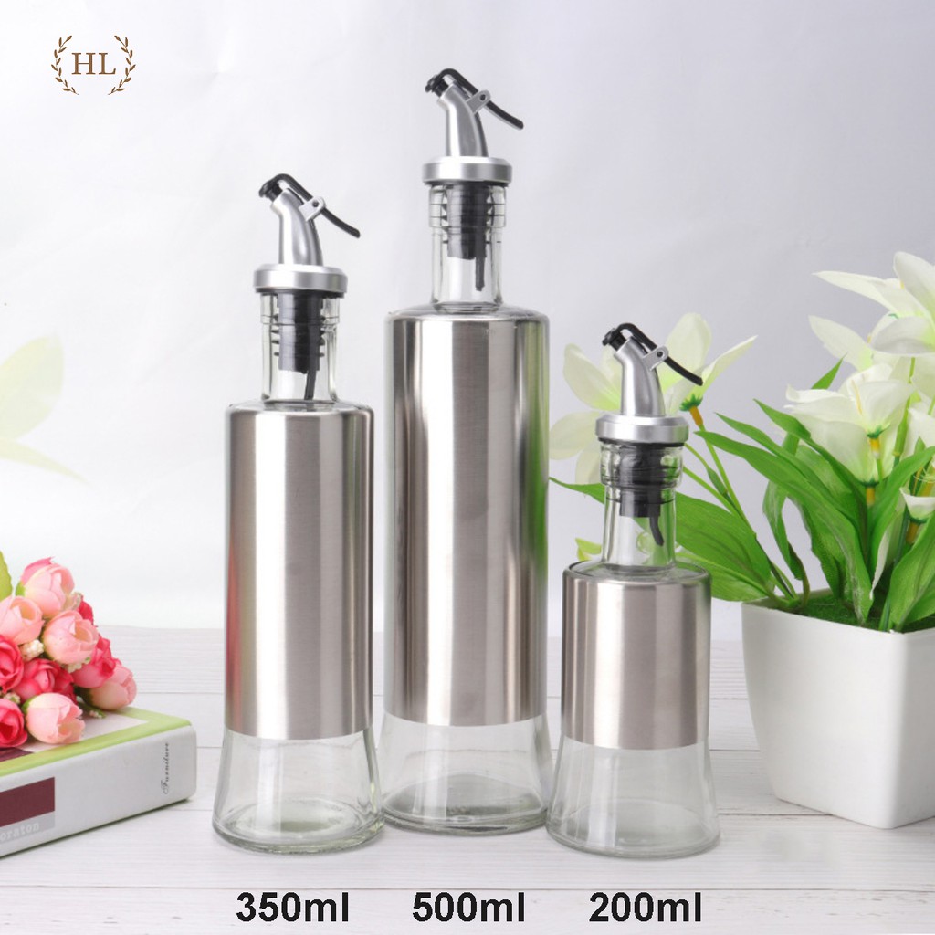 Bình thủy tinh bọc inox đựng dầu ăn, giấm, nước tương, nước mắm, gia vị... có vòi chiết rót thông minh hạn chế quá tay