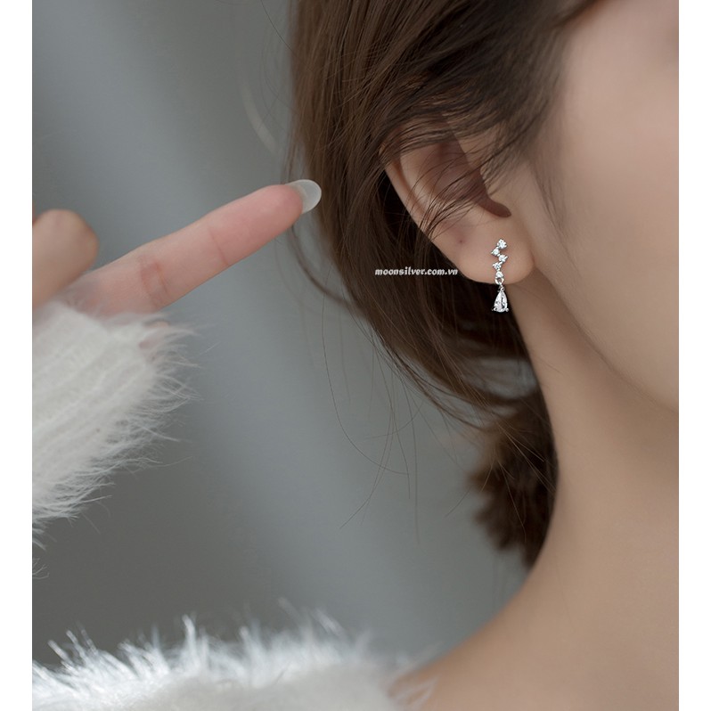 Khuyên tai bạc nữ moonsilver, bông tai bạc zic zac giọt nước đính đá