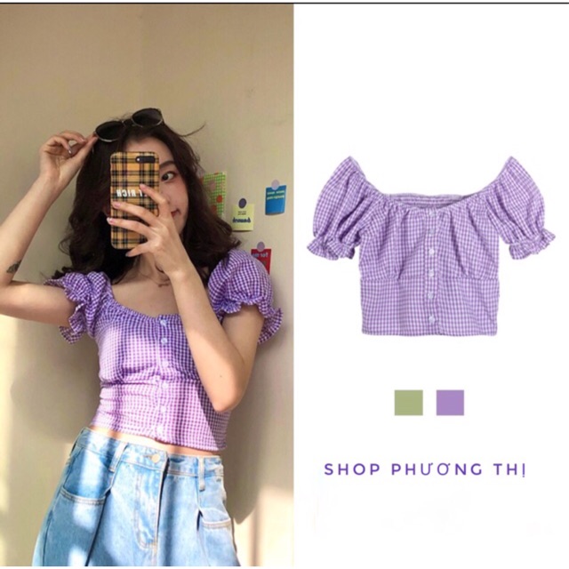 Áo croptop tím - áo kẻ tím ulzzang (hình shop tự chụp/sẵn)