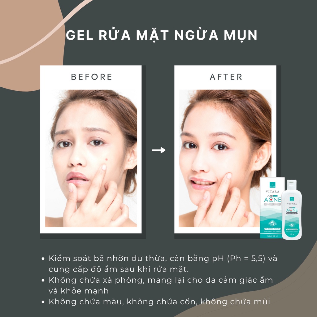 Gel rửa mặt Vitara Anti Acne Liquid giúp làm sạch dầu nhờn, bụi bẩn và duy trì độ ẩm cho da 100ml