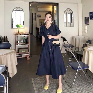 Đầm váy freesize đen cổ V xếp li eo