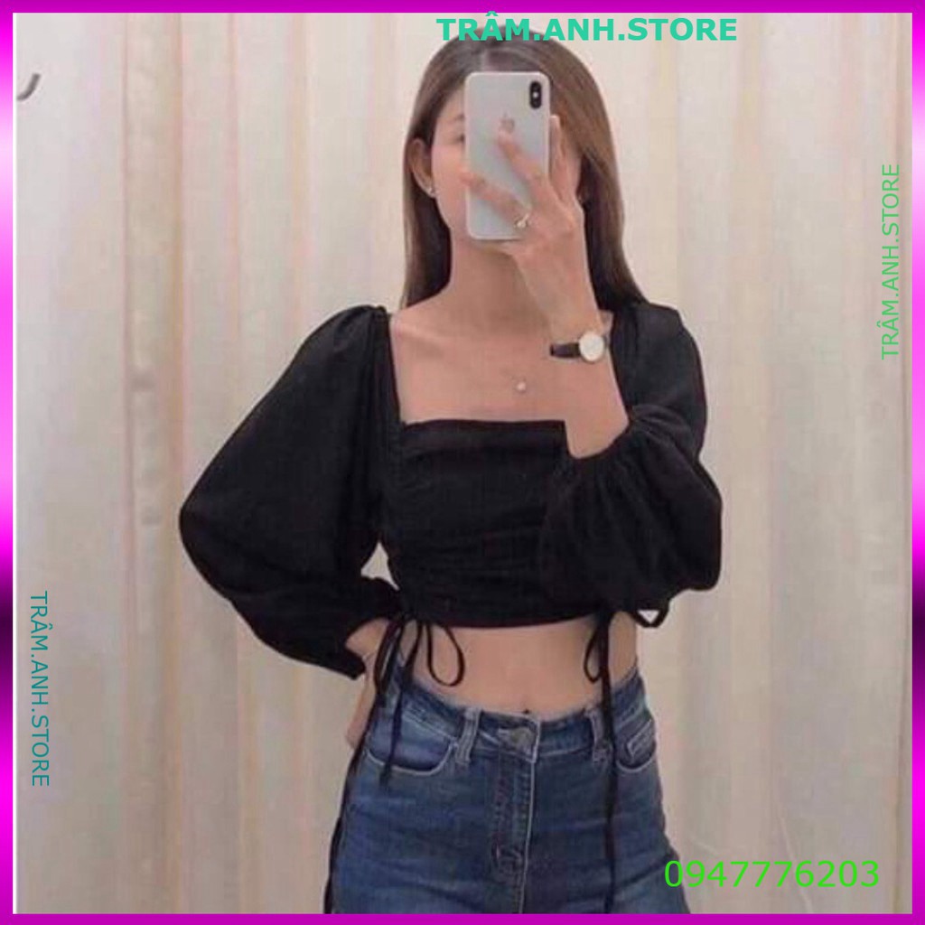 ÁO CROPTOP TAY DÀI CỘT DÂY 2 BÊN NHIỀU MÀU - CROPTOP RÚT DÂY TAY PHỒNG HỒNG VÀNG XANH ĐEN TRẮNG - CROPTOP TRỄ VAI CỔ VUÔ