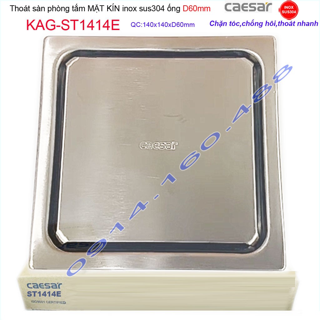 Thoát sàn Caesar 14x14cm ST1414E-D60 mặt inox kín, phễu thoát sàn SUS304 thoát nước nhanh chống hôi chặn tóc tốt