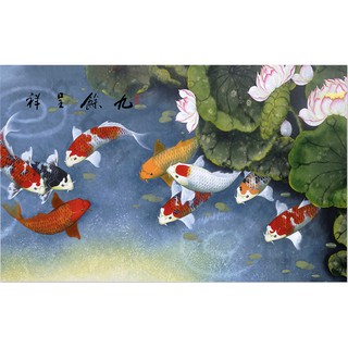 Tranh phong thủy Đàn cá chép vui đùa trong ao sen, Tranh dán tường 3d hiện đại (tích hợp sẵn keo) MS1002677