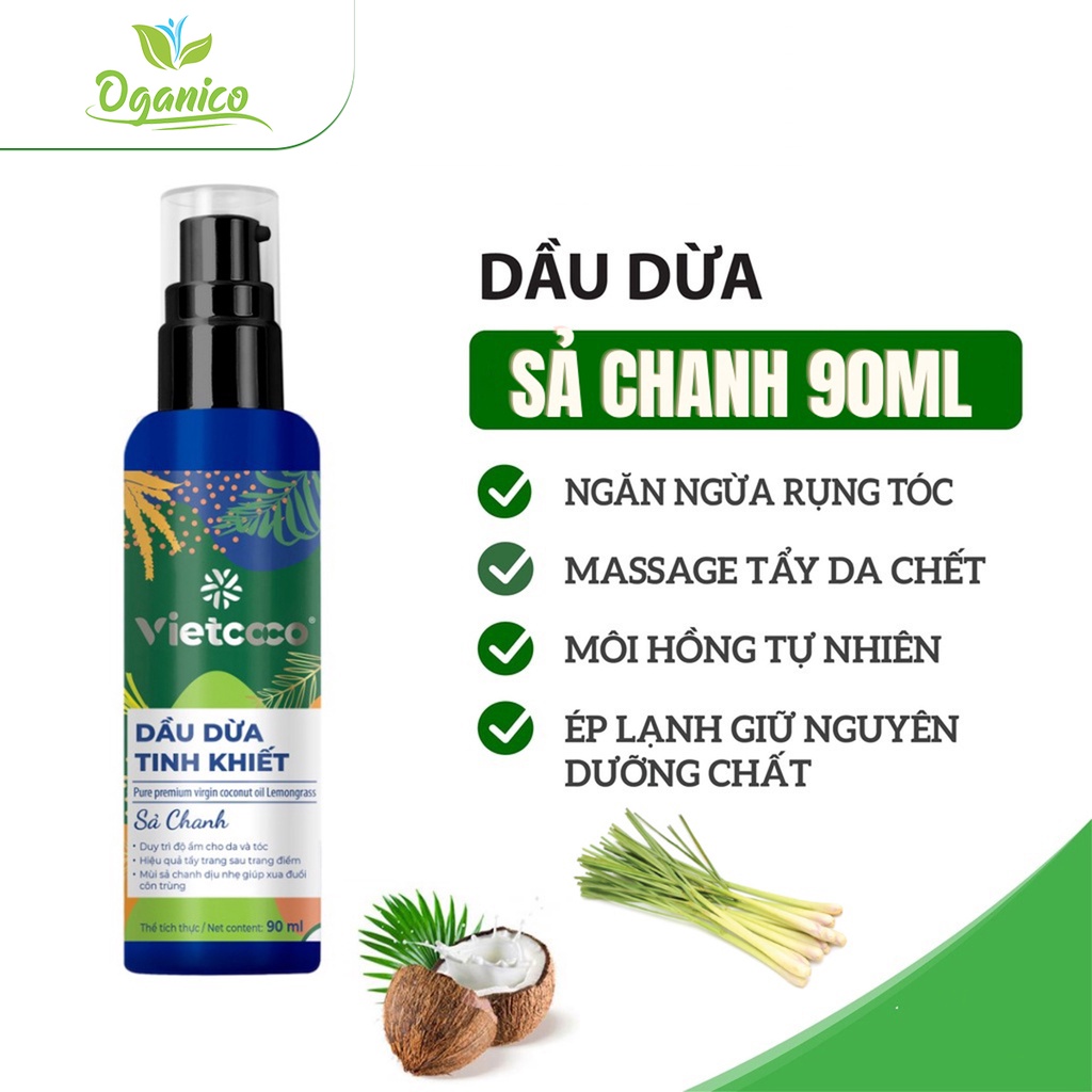 Dầu dừa tinh khiết Vietcoco hương sả chanh chăm sóc tóc, da mặt 90ml - Oganico