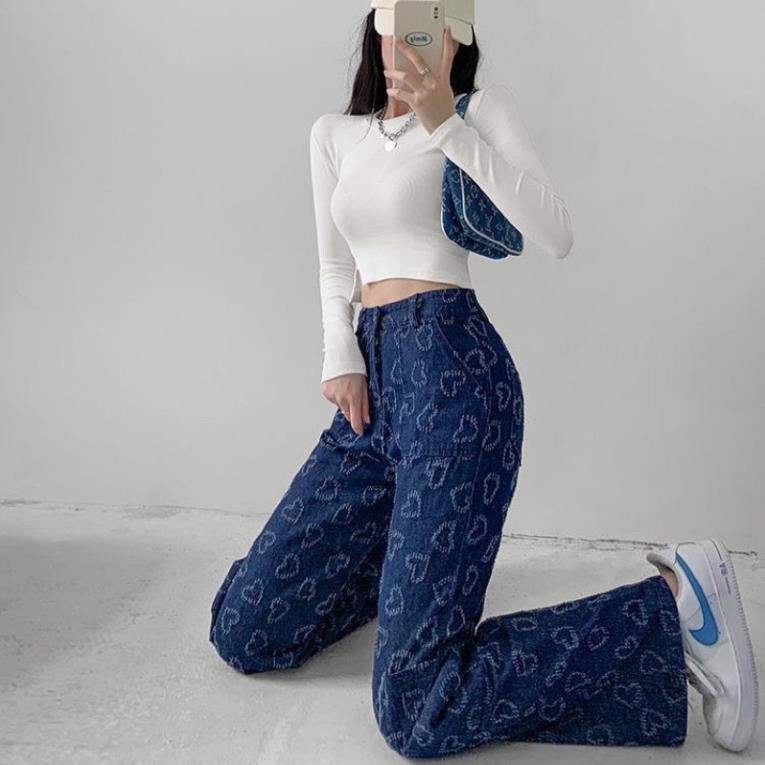 NEW ARRIVALS FREESHIP QUẦN JEAN DEMIN CẠP CAO XƯỚC HOẠ TIẾT TRÁI TIM