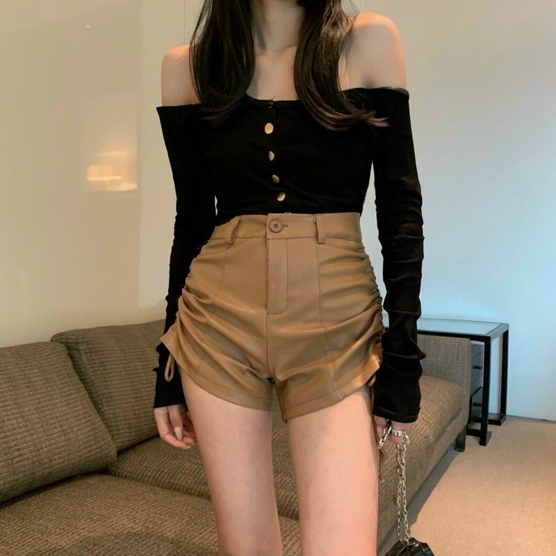 Quần Đùi Da Rút Dây Hông Phong Cách Ulzzang