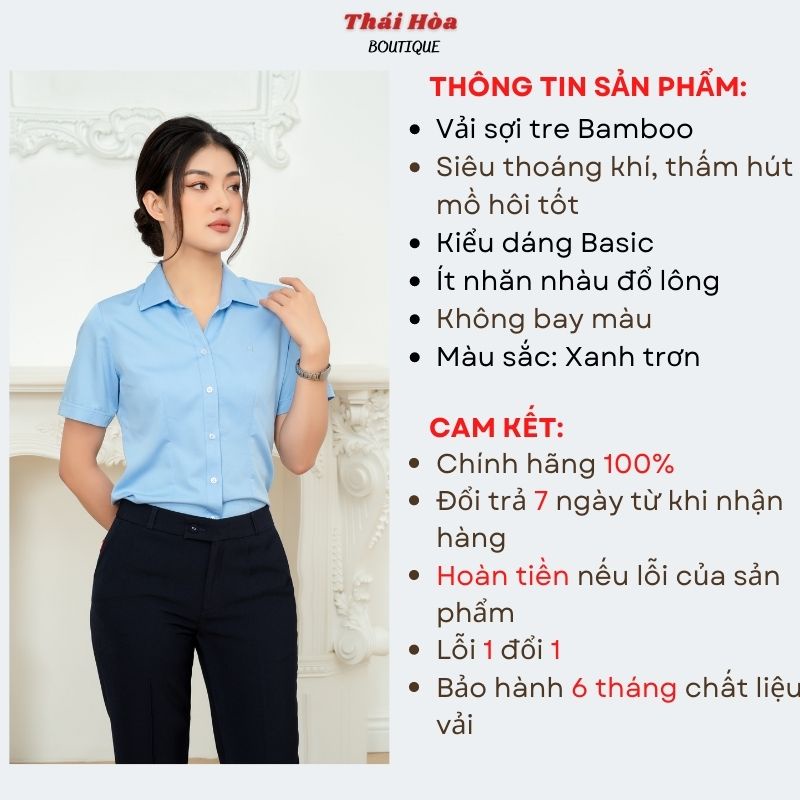 Áo sơ mi nữ tay ngắn cao cấp xanh kiểu công sở bigsize sợi tre Thái Hoà N8919-03-01