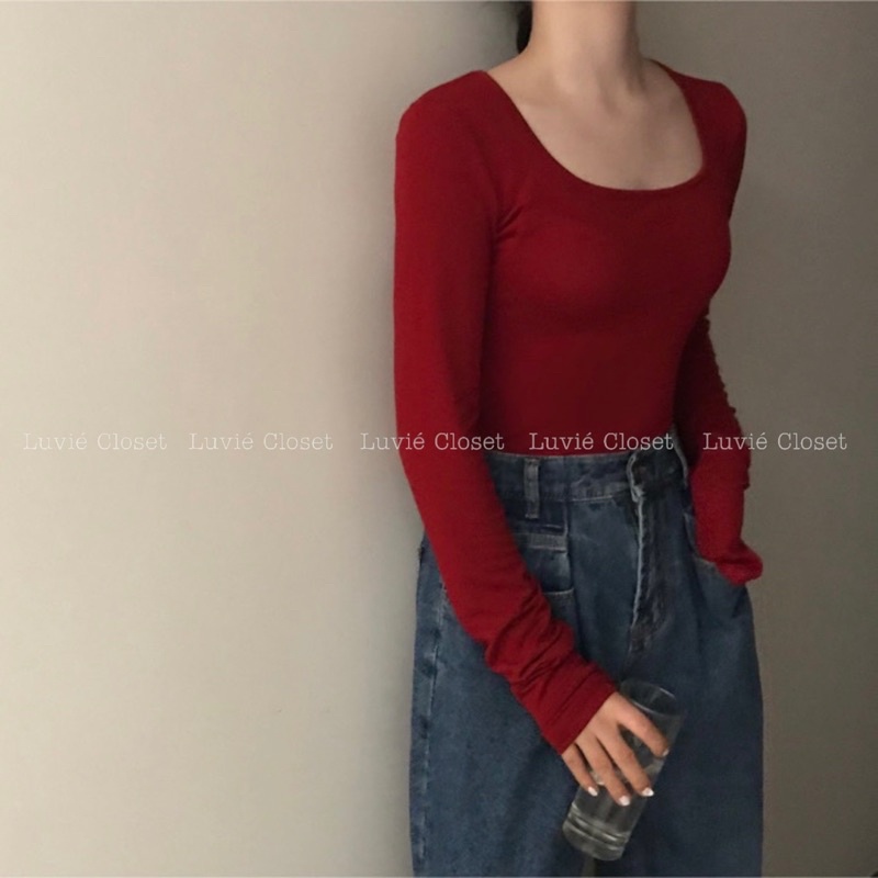 Áo Thun Croptop Màu Đỏ Vintage Cổ Vuông Tay Dài Đơn Giản Phong Cách Cổ Điển Cho Nữ Luviecloset