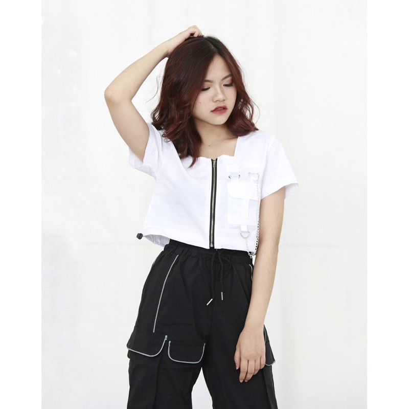 Áo croptop nữ khóa giữa tặng kèm dây chain