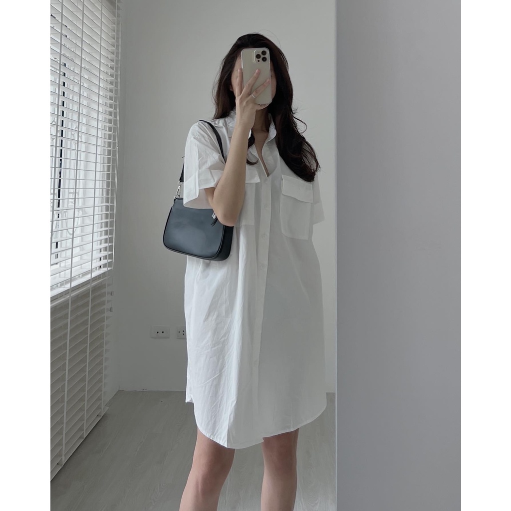 Váy sơ mi basic V.105, Váy kiểu trơn vạt cung cổ đức cộc tay túi nắp hộp ngực 3 màu năng động - Thời trang nữa Chấm Bi | BigBuy360 - bigbuy360.vn