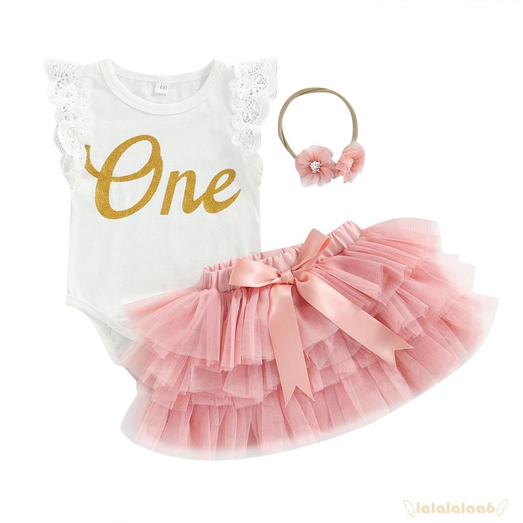 Set Đồ 3 Món Gồm Áo Liền Quần Tay Bay In Chữ Viền Ren + Chân Váy Lưới Thắt Nơ Thời Trang Cho Bé Gái