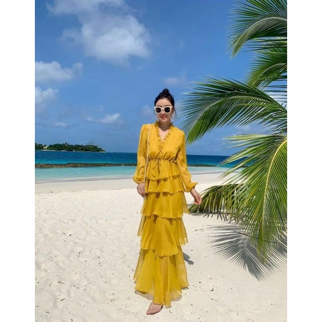 Maxi voan vàng tay dài, đầm váy form dài tầng đơn giản sang trọng quý phái, thời trang nữ đi chơi/biển du lịch hình thật