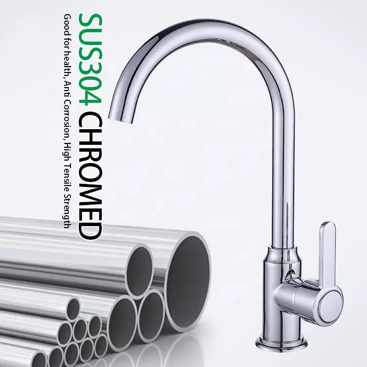 Vòi Rửa Chén Bát Nóng Lạnh Inox 304 Cổ Bi Thân Cứng Mạ Màu Bạc Với Cần Gạt Dẹt, Đầu Vòi Tạo Bọt, Chống Giọt Bắn Cao Cấp